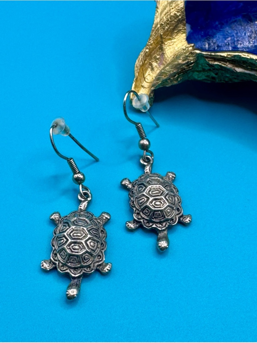 Silver Turtle Tortoise Dangle Earrings